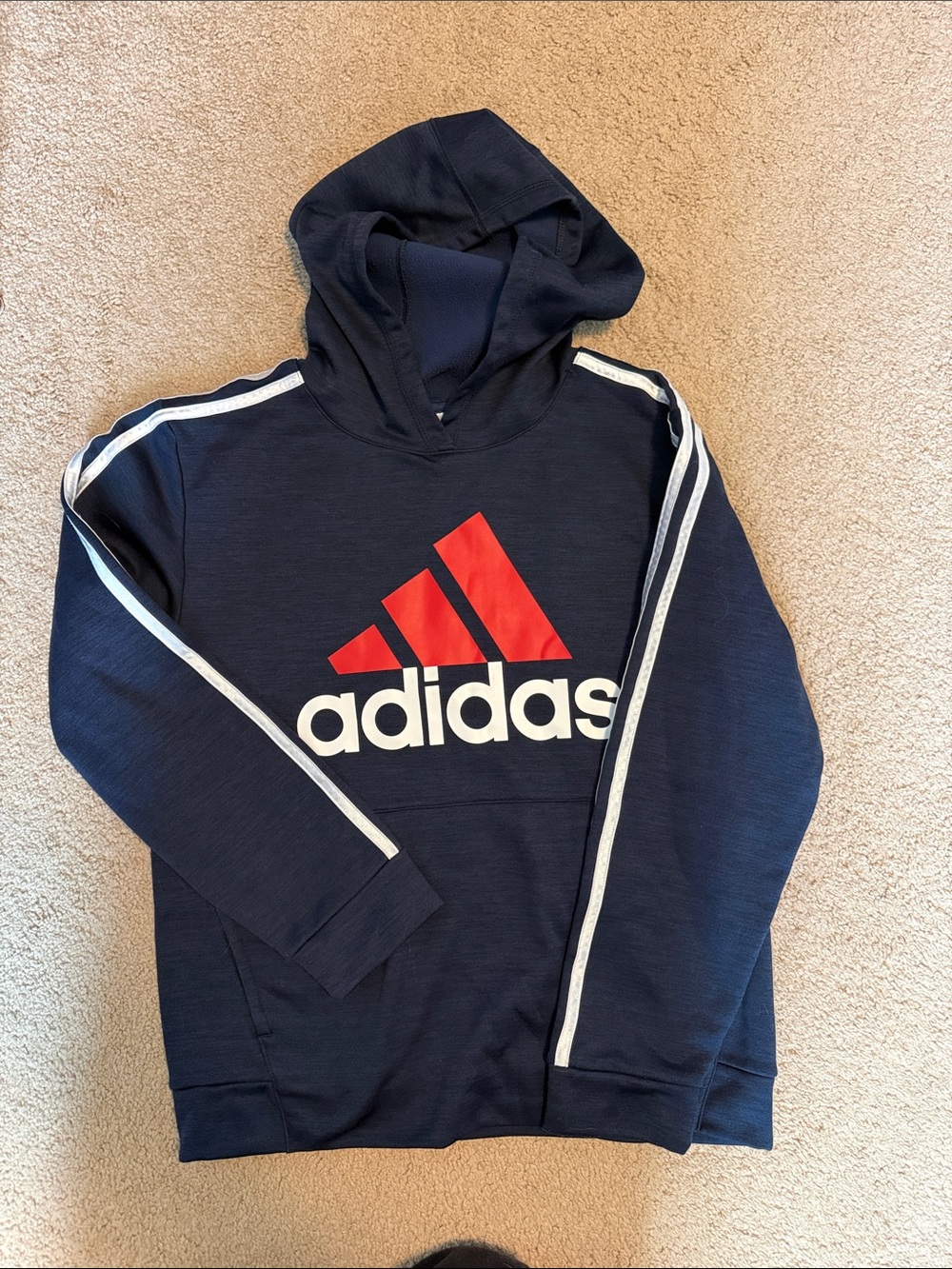 adidas Navy Hoodie with Red Logo and White Stripes